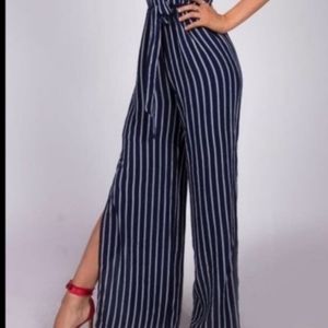 Monteau Jumpsuit Blue/White Striped with Pockets Size L